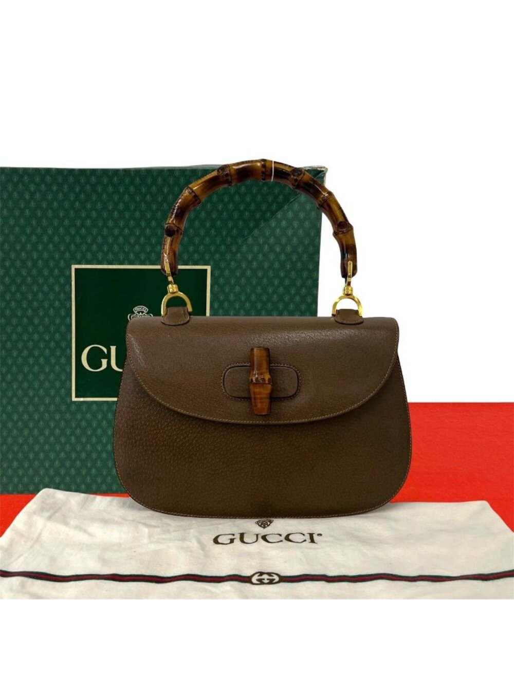 Gucci Vintage Bamboo Turnlock Leather Handbag Brown